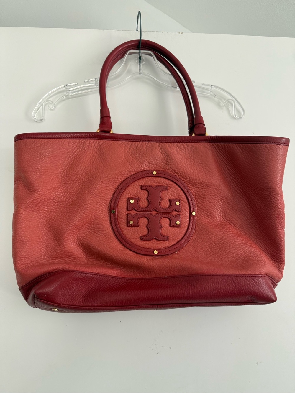 Tory Burch Two-Tone Pebbled Red Leather Tote with Logo Medallion